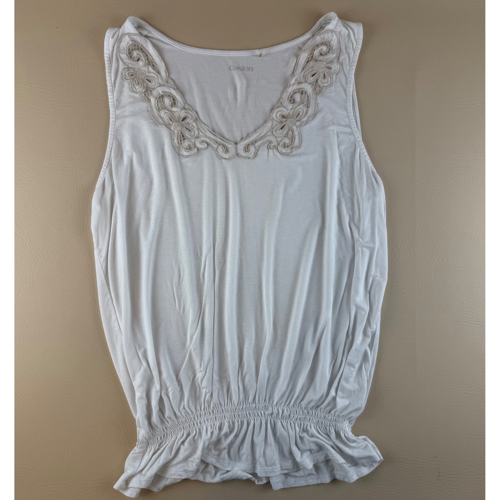 Boho Embroidered Lace Tank Top Smocked Hem XL Caslon